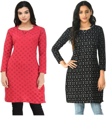 Indeweaves Women Printed Straight Kurta(Brown, Pink)