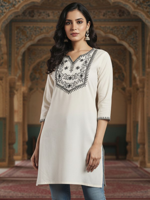 Royal Export Women Embroidered Straight Kurta(Beige)