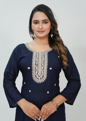 Elvya Women Embroidered Straight Kurta(Dark Blue)