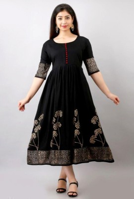 Krishna Enterprises Women Printed Anarkali Kurta(Black, Beige)