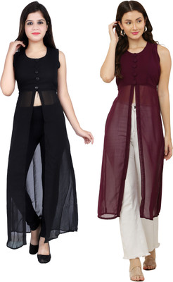 VESICLE Women Solid Frontslit Kurta(Black, Purple)