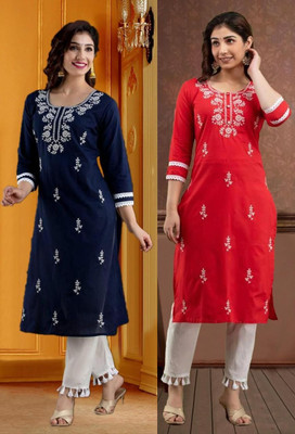 vikshi Women Chikan Embroidery Straight Kurta(Multicolor)