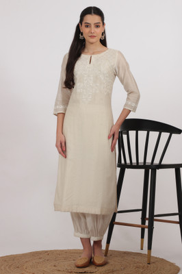 Folksong Women Solid Straight Kurta(White)