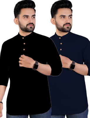 Vimal Star Men Solid Straight Kurta(Black, Blue)