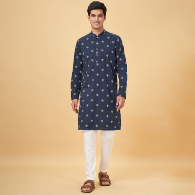Indus Route by Pantaloons Men Printed Straight Kurta(Blue)