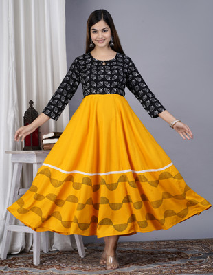 RV EXPO Women Block Print Anarkali Kurta(Yellow)