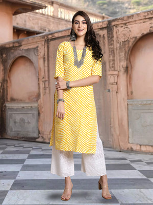 1 Stop Fashion Women Printed A-line Kurta(Yellow)