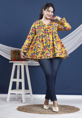 ARZOO Women Floral Print Flared Kurta(Yellow)