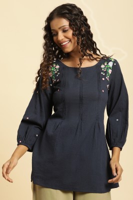 W Casual Embroidered Women Dark Blue Top