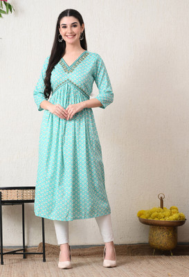 VELVET VIBE Women Self Design Flared Kurta(Blue)