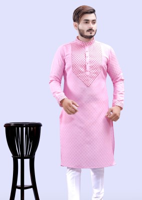 Tibra Collection Men Embroidered Straight Kurta(Pink)