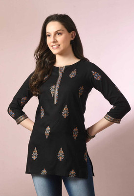 On2line Women Printed Straight Kurta(Black)