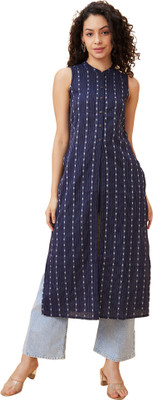 Globus Women Woven Design Straight Kurta(Blue)