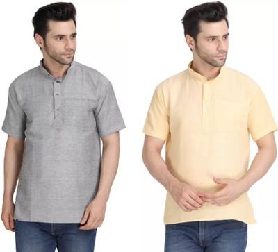 isdfabric Men Solid Straight Kurta(Grey, Yellow)