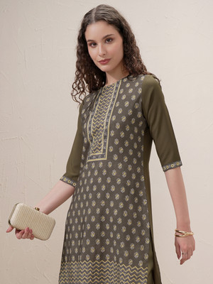 Vishudh Women Printed Straight Kurta(Green)