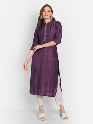 4U Fashion Women Self Design Straight Kurta(Purple)