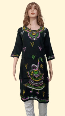 Kc trends Women Embroidered Straight Kurta(Black)