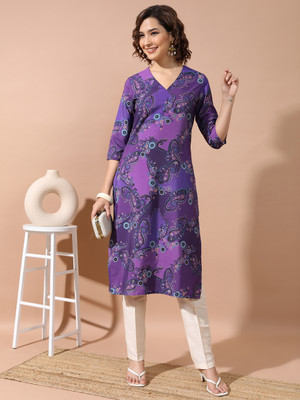 KETCH Women Printed Straight Kurta(Purple)
