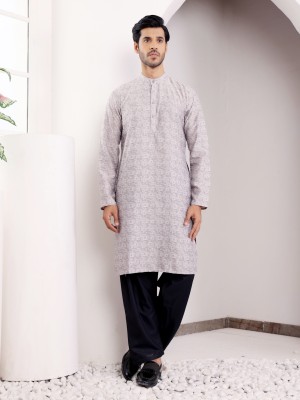 Rawayi Men Woven Design Straight Kurta(Grey)