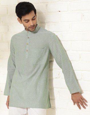 Fabindia Men Striped Straight Kurta(Green)