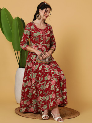Gulmohar Jaipur Women Printed Flared Kurta(Maroon)