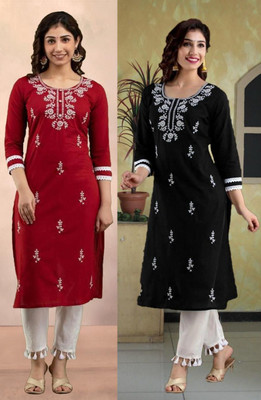 SISTO Women Chikan Embroidery Straight Kurta(Red, Black)