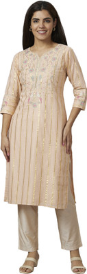 Globus Women Embroidered Straight Kurta(Gold)
