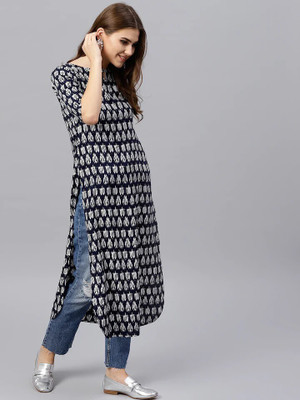 Zyla Women Printed Straight Kurta(Dark Blue, White)