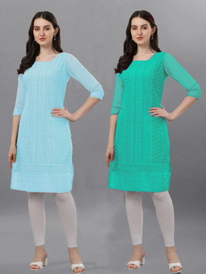 ZAZADIYA IMPEX Women Chikan Embroidery Straight Kurta(Light Blue)