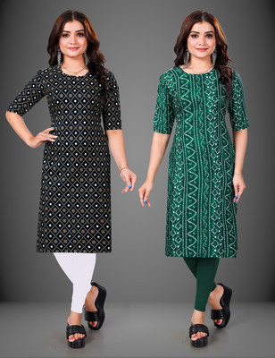 MOBHISA Women Printed Straight Kurta(Green)