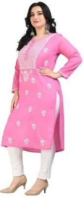 Nazaqat Women Chikan Embroidery A-line Kurta(Pink)