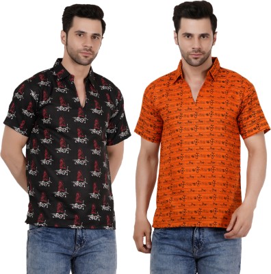 AXOLOTL Men Printed Straight Kurta(Black, Orange)