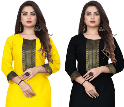 HF HOLYDAY FASHION Women Printed Straight Kurta(Yellow, Black)