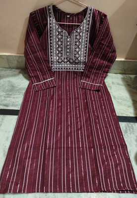 Threadart Women Embroidered Straight Kurta(Maroon, White)