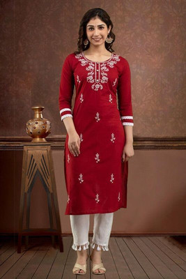 vikshi Women Chikan Embroidery Straight Kurta(White, Maroon)