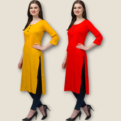 Coft Women Solid Straight Kurta(Yellow, Red)