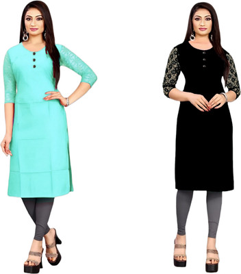 HOFC Women Solid Straight Kurta(Blue, Black)