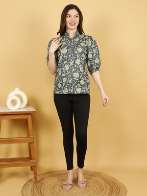STYLEBOAT Women Floral Print Casual Dark Green Shirt