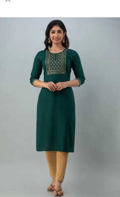 Tiwari Women Embroidered Straight Kurta(Dark Green)