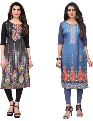 Growmore Fab Women Printed A-line Kurta(Black, Grey)