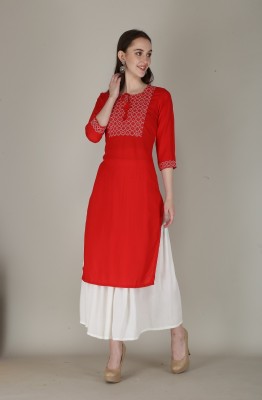 MF HAYAT Women Embroidered Straight Kurta(Red)