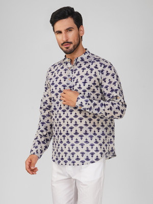 DEIFIC Men Block Print Straight Kurta(White, Blue)