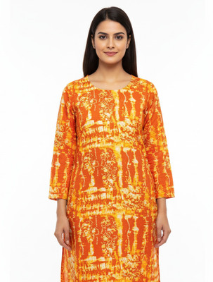 AR Vastraa Women Printed Straight Kurta(Orange, Yellow)