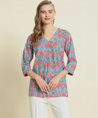PicPok Women Printed Straight Kurta(Light Blue)