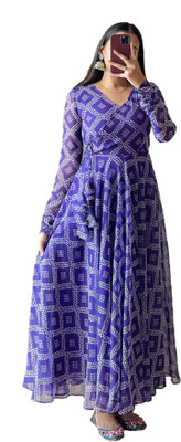 PRISTINO Women Bandhani Flared Kurta(Purple)