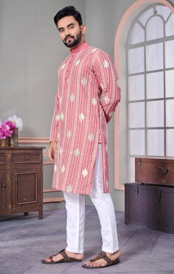 FOXDX Men Embellished A-line Kurta(Pink)