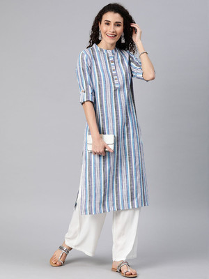 ANOUK Women Striped Straight Kurta(Blue)