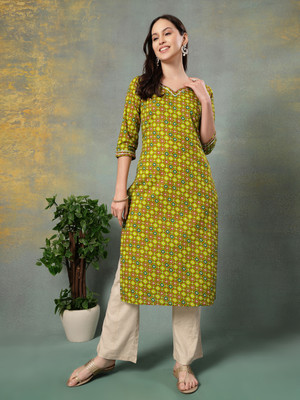 God Bless Women Printed Straight Kurta(Green)