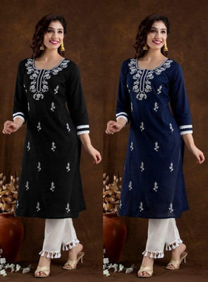 vikshi Women Chikan Embroidery Straight Kurta(Multicolor)