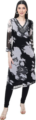 TSM Women Floral Print A-line Kurta(Black, Grey)